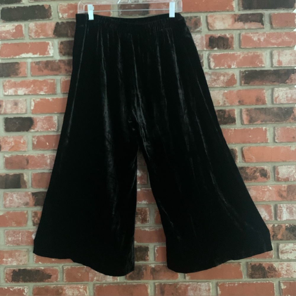 Love Johnny Was Black Velvet Silk Blend Wide Leg Pull On Gauchos Sz L - Picture 2 of 9